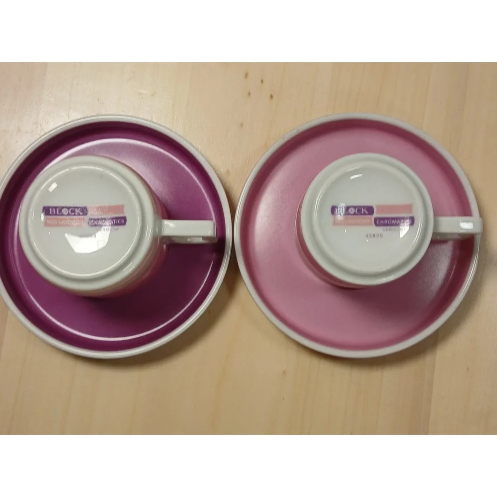 Vintage Block Chromatics Red Lavender Demi. Cup & Saucer Set  Gerald Gulotta MCM